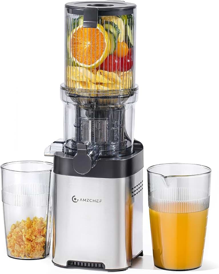 AMZCHEF Entsafter - Slow Juicer mit 115MM Breite und Größere Fütterungsröhre für Ganze Gemüse und Obst - Leicht zu Reinigender Entsafter mit 2 Gläsern - Silbrig