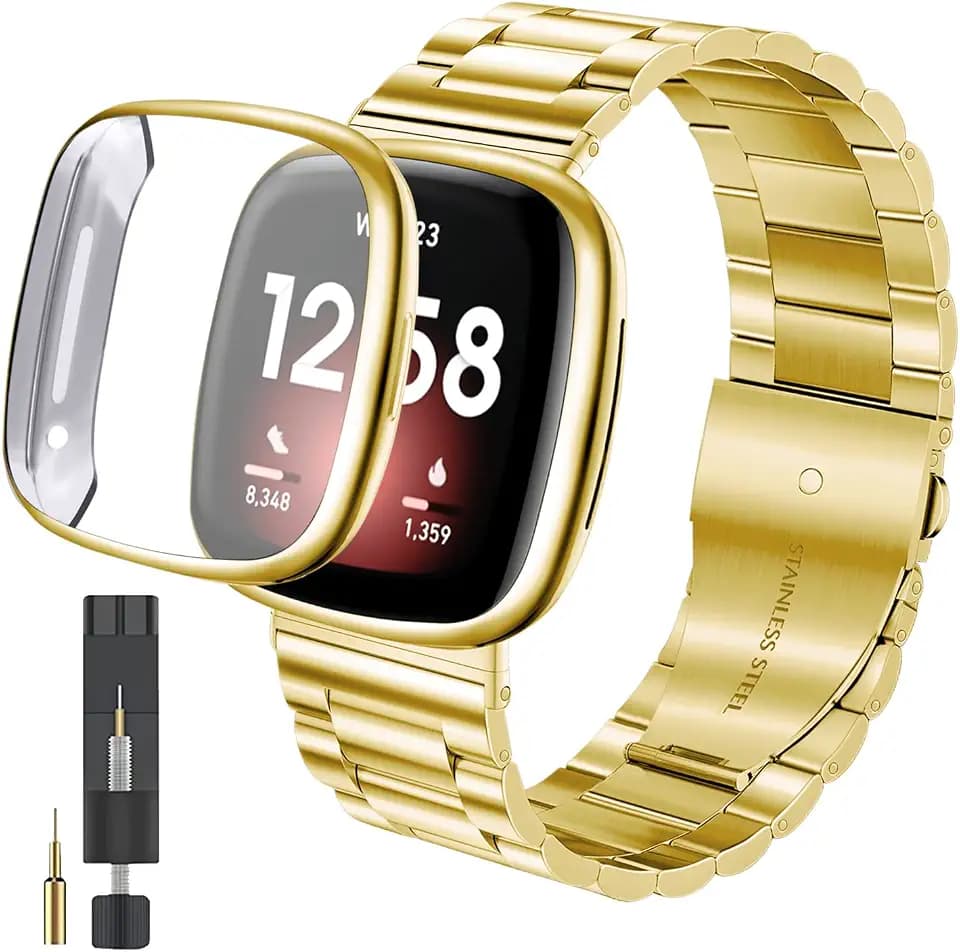 ZPJPPLX for Fitbit Versa 4/Sense 2 Solid Stainless Steel Wrist Band with Watch Case,for Versa 3/Sense Metal Replacement Straps and Screen Protection Case for Women Men