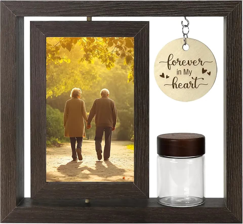 Custom Memorial Photo Frame for Loved Ones - Two 4x6 Inch Pictures with Included Glass Keepsake Jar for Hair, Ashes, or Mementos - Elegant Tribute Gift for Loss, Funeral, or Remembrance (brown1)