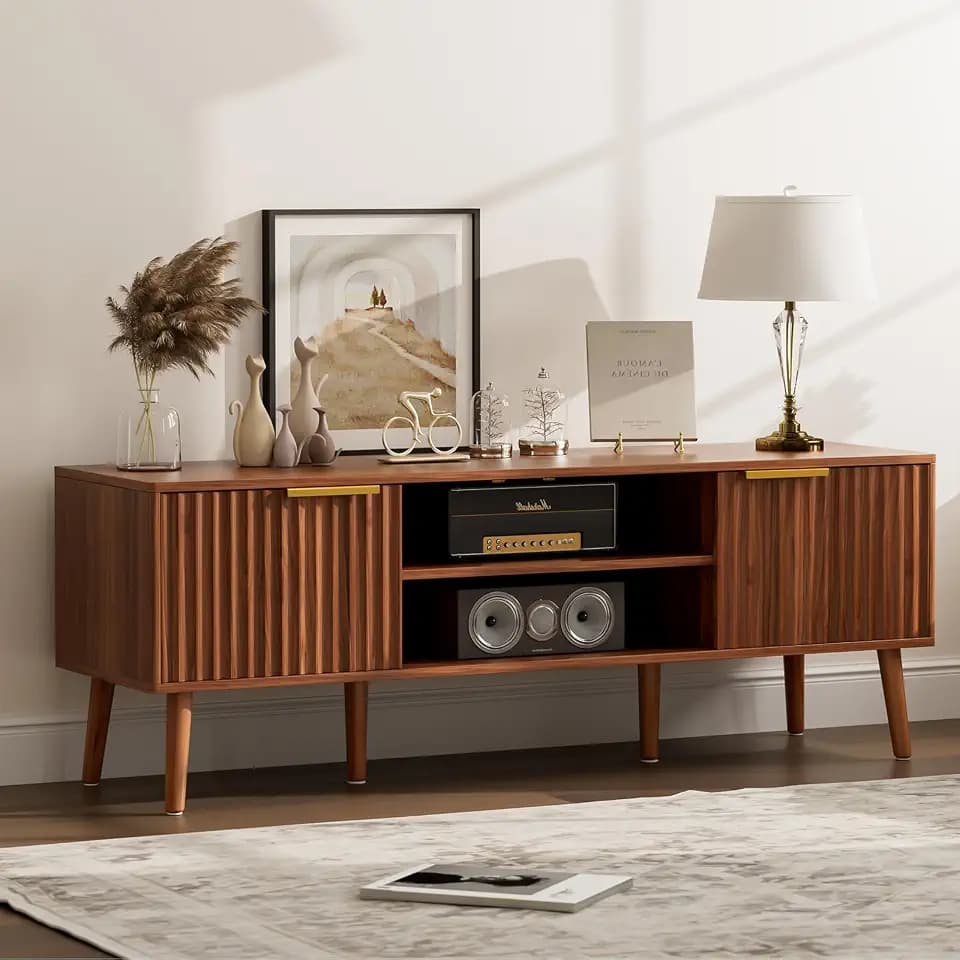 LCRBOL TV Stand with Fluted Doors for TVs up to 65", Mid-Century, Walnut