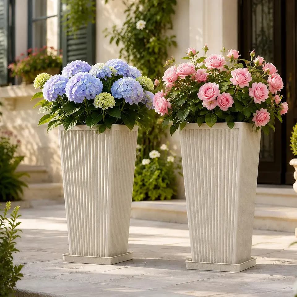 NicBex 24" Tall Planters for Outdoor Plants Set of 2 Square Fluted,Beige