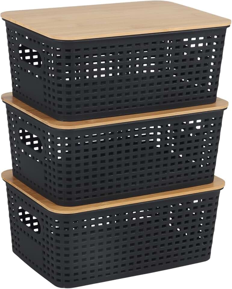 Relaxdays Aufbewahrungsbox, 3er Set, mit Deckel, schwarz