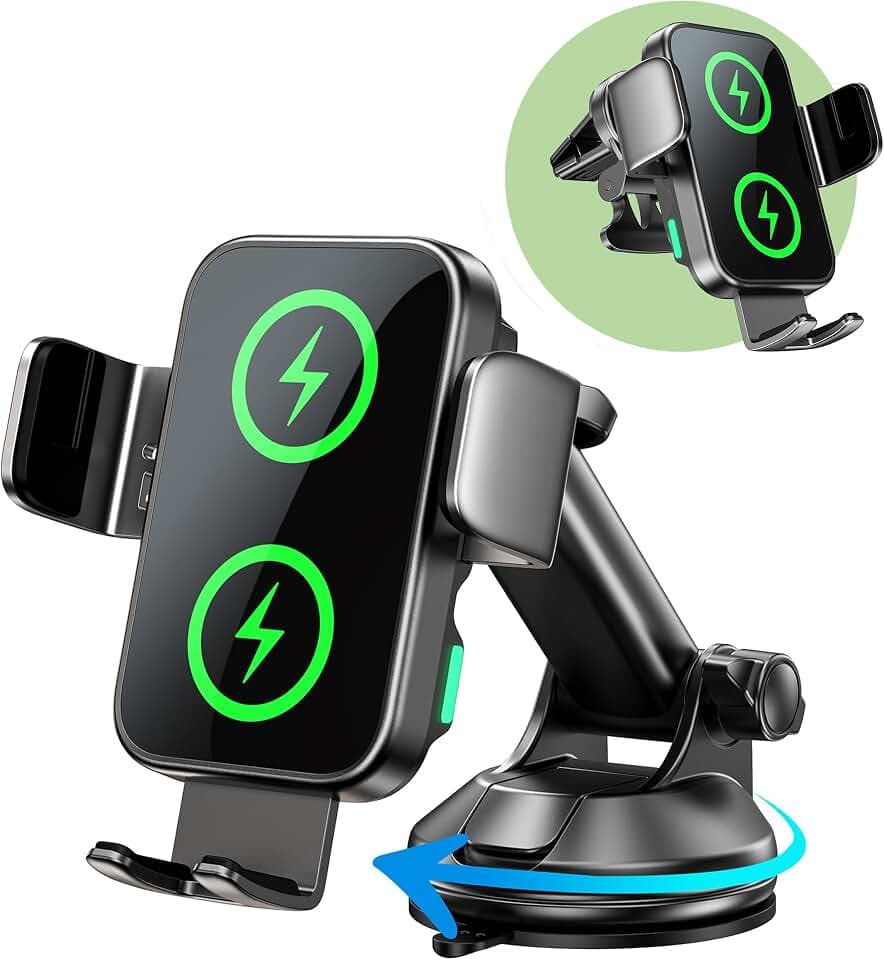 15W Handyhalterung Auto mit Ladefunktion [Dual Coil], [Automatische Klemmung] Induktive Ladestation Auto Wireless Charger für Lüftung/Saugnapf, Kfz Ladegerät für iPhone 18-12 Serie/Duo