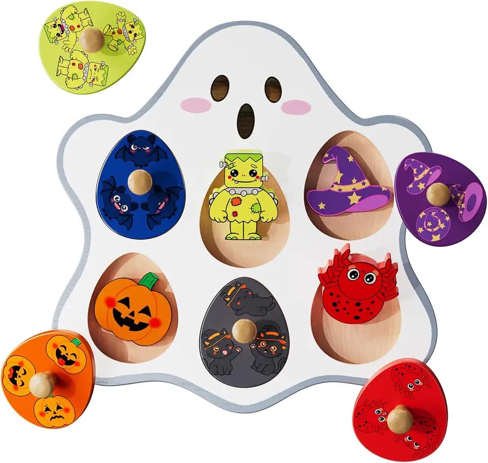 Halloween Toys for Toddlers 2-4, Ghost Wooden Peg Puzzle, Montessori Toy