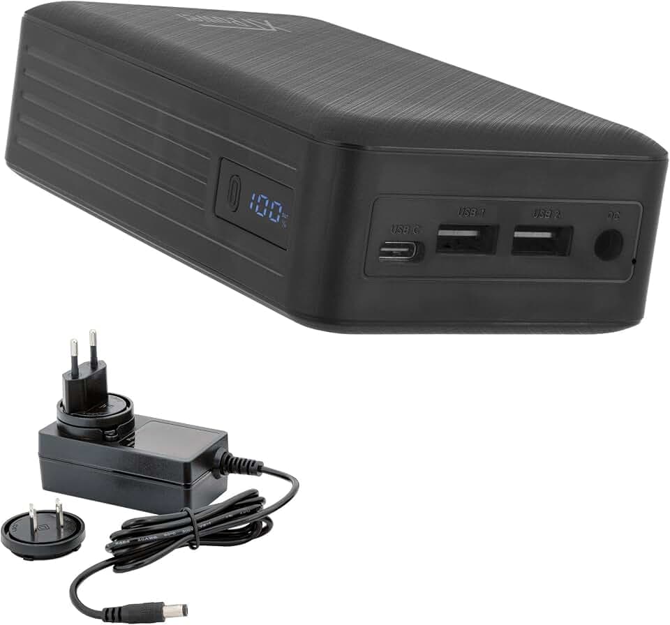 XT-27000DC-PA Powerbank mit Netzadapter – moderner externer Akku mit DC 5 V bis 24 V + USB-C PD + 2 x USB QC3 mit 26800 mAh – für Laptop Tablet Smartphone Kamera