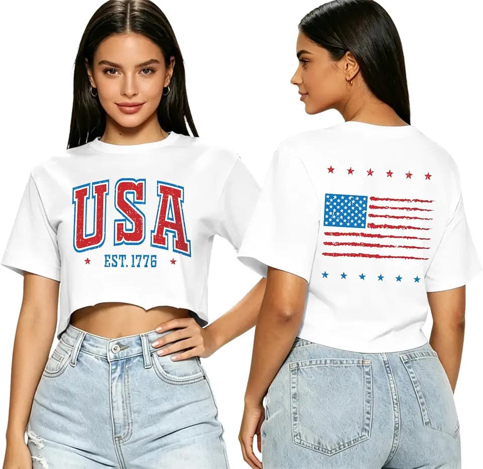 hohololo USA Crop Tops Women 4th of July Shirts Patriotic Shirt American Flag Tee Memorial Day Tshirt Girls Crop Tops