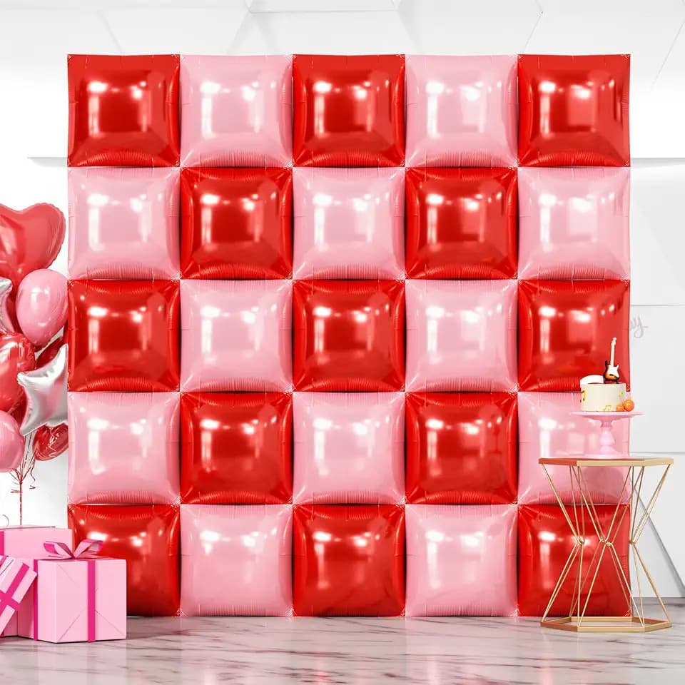NISOCY 25PCS Red and Pearl Pink Square Foil Balloons Wall Backdrop