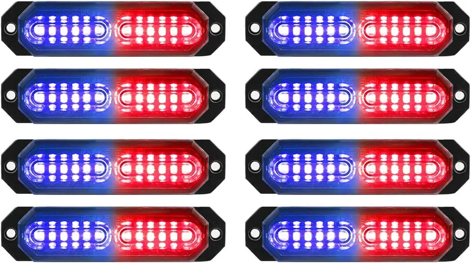 ASPL 8pcs Sync Feature Ultra Slim 12-LED Surface Mount Flashing Strobe Lights for Truck Car Vehicle LED Mini Grille Light Head Emergency Beacon Hazard Warning Lights (Red/Blue)