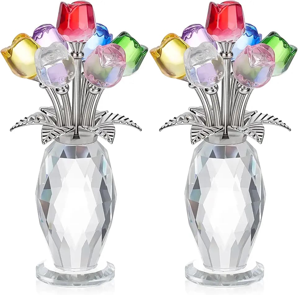 2Pcs Colorful Rose Flower Figurine with Vase, Handmade Romantic Glass Rose Gifts Wedding Party Figurines for Women on Mother's Day Birthday Christmas Wedding Valentines