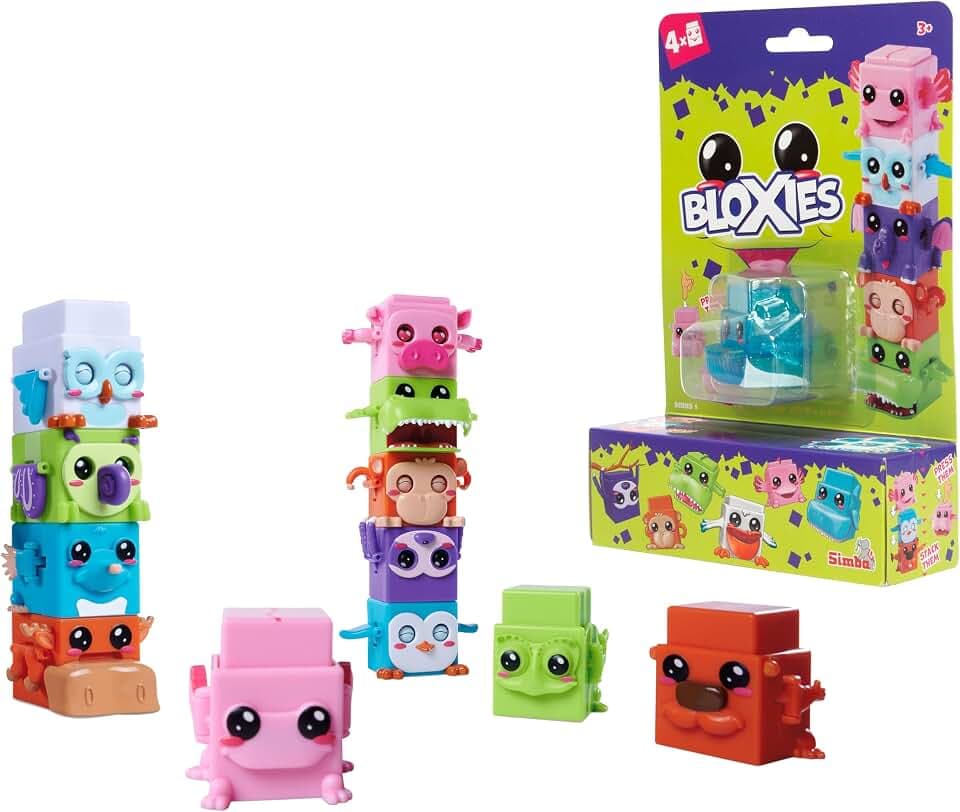 Simba 105952627 - Bloxies Figur (4 Stck.) - Tier-Bausteine zum Stapeln und Sammeln mit Bewegungseffekt, Spielzeug für Kinder ab 3 Jahre, Auswahl per Zufallsprinzip in Überraschungs-Verpackung