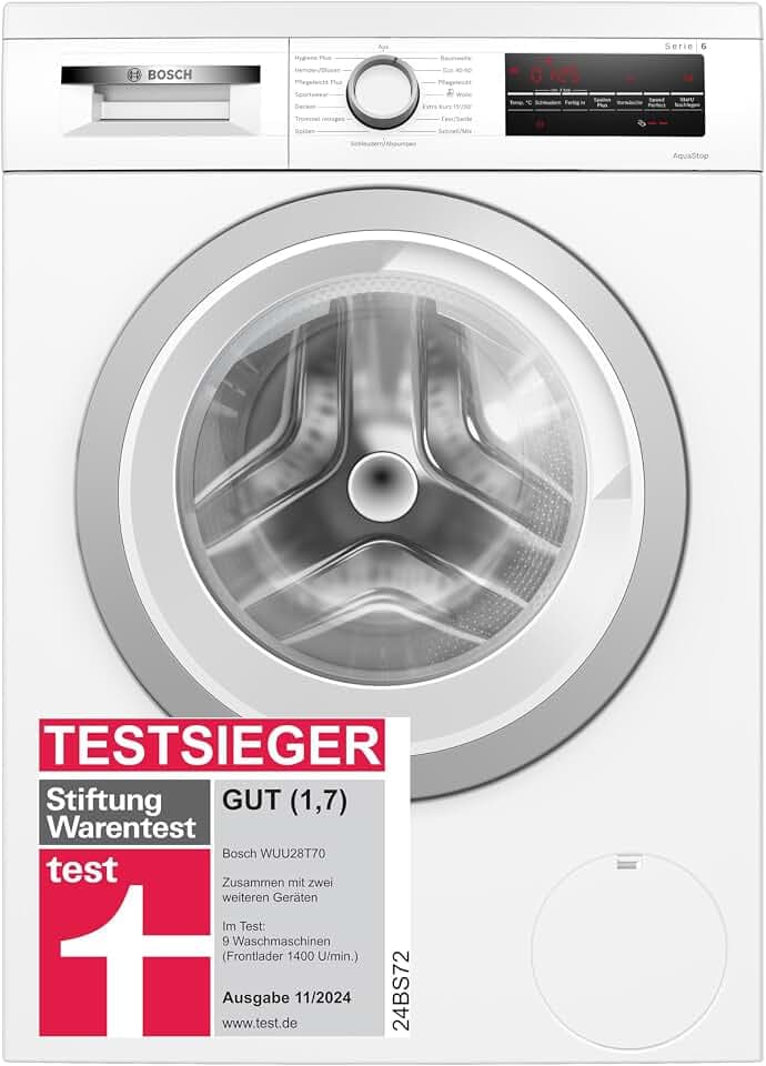 Bosch WUU28T70, Serie 6, Waschmaschine 8 kg, 1400 UpM, Unterbaufähig, schneller waschen mit SpeedPerfect, Nachlegefunktion, Hygiene Plus, VarioTrommel, Leise dank EcoSilence Drive, LED-Display, Weiß