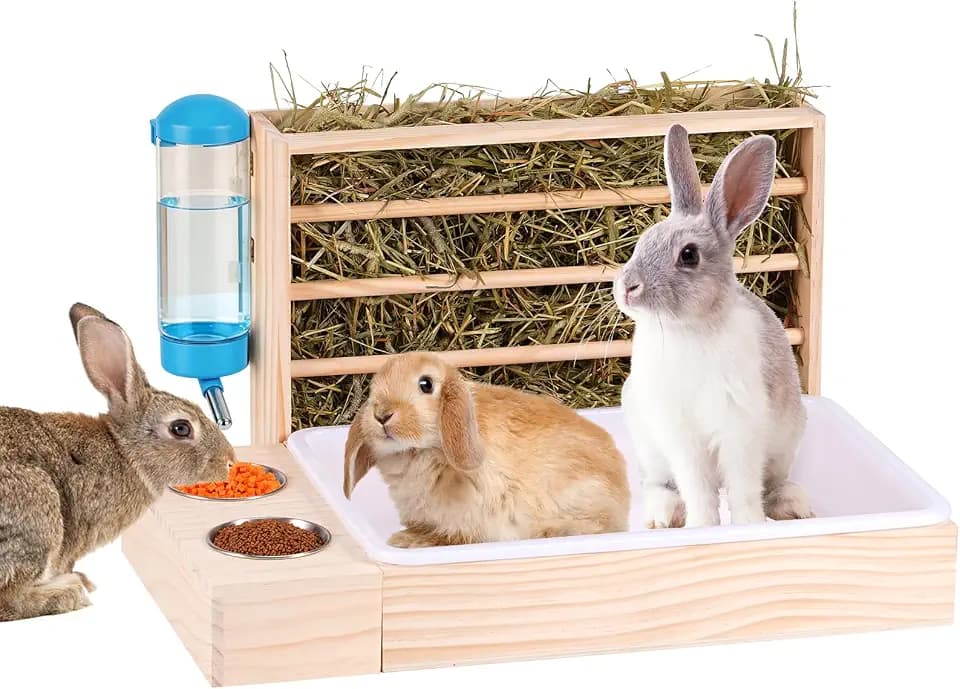4 in 1 Großer Kaninchen Heu Feeder mit Wasserflasche 2 Näpfen