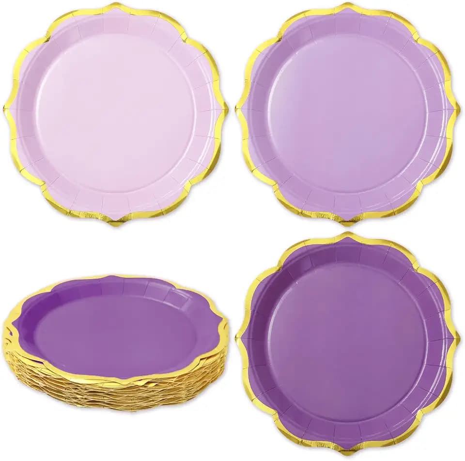 Whaline 30 Pcs Lavender Paper Party Plate 3 Purple Colors Gold Foil Scalloped Disposable Salad Dessert Plate for Birthday Baby Bridal Shower Wedding Graduation Tea Party Supplies Table Decor, 9 Inch