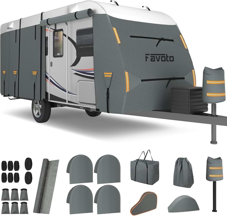 Favoto Abdeckplane Wohnwagen Wasserdicht Outdoor - Wohnwagen Plane Reisemobil Schutzhülle 420D Oxford Vliesstoff Winddicht Atmungsaktiv Staubdicht UV Schutz Sommer Winter 610x250x220cm