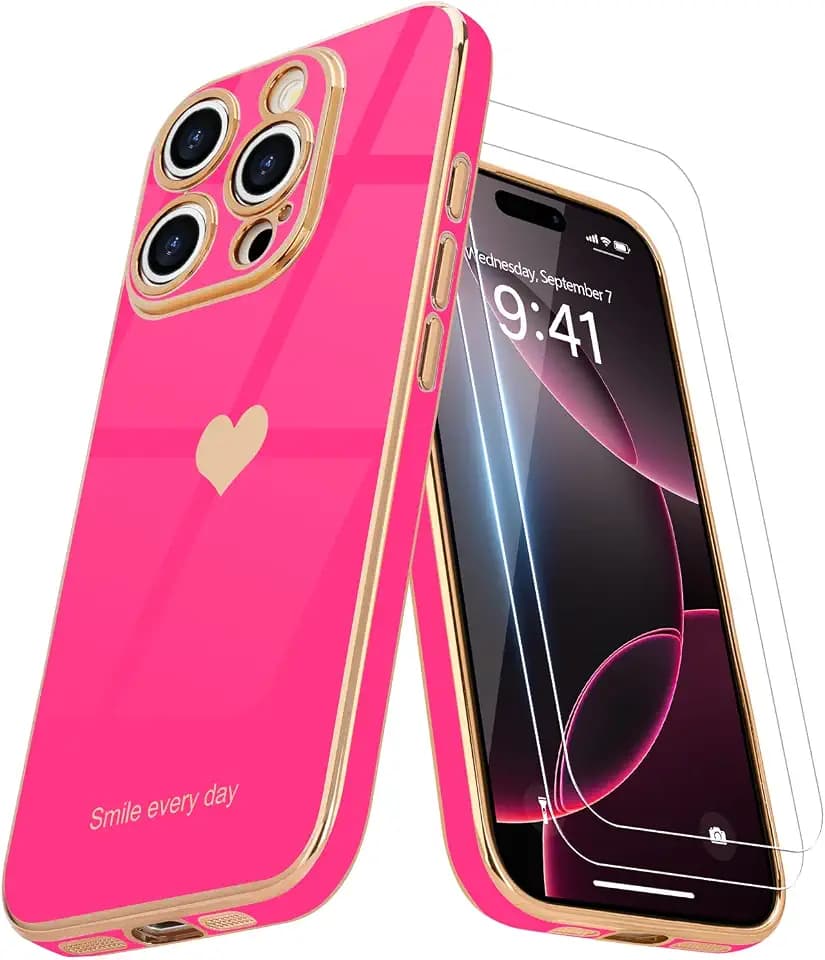 Teageo for iPhone 16 Pro Case with Screen Protector [2 Pack], Hot Pink