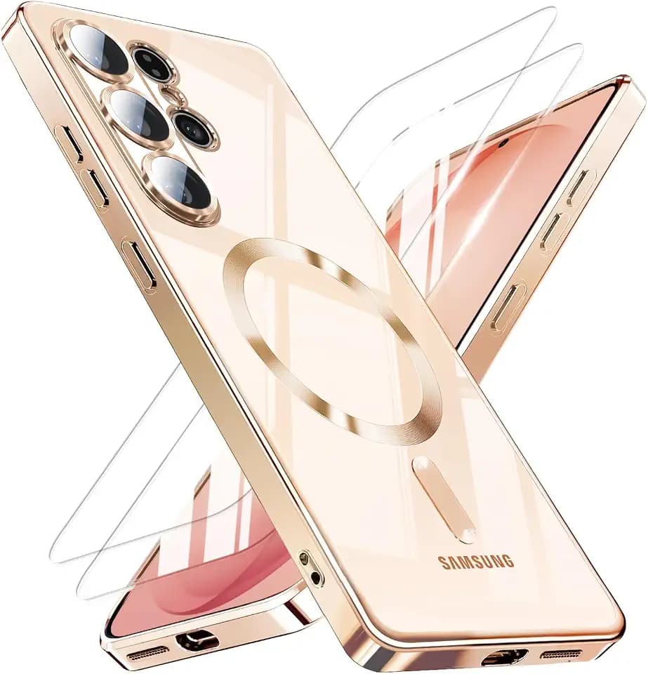Magnetic for Samsung Galaxy S26 Ultra Case with 2X Screen Protector & Full Camera Cover,Fit with MagSafe,Plating Soft Glossy Luxury Shockproof Women Girls Phone Cases for Galaxy S 26 Ultra ,Gold