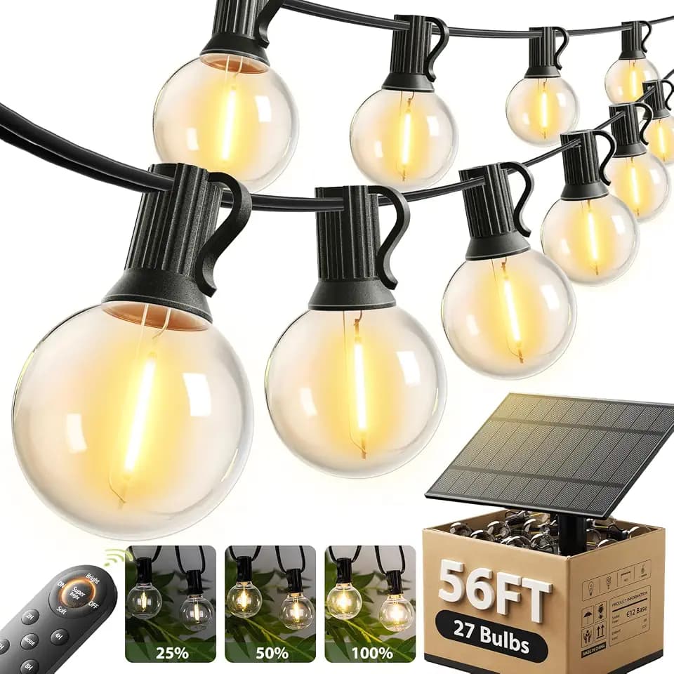addlon 56FT(50+6) Solar String Lights Outdoor with Remote, 27 LED G40 Bulbs