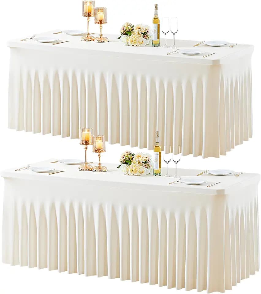 gogoparti 2 Pack Spandex Ivory Fitted Table Cloth for 6ft Rectangle Tables Ivory Stretch Tablecloth Banquet Table Covers Skirt Wrinkle Free Tablecloths for Parties Wedding