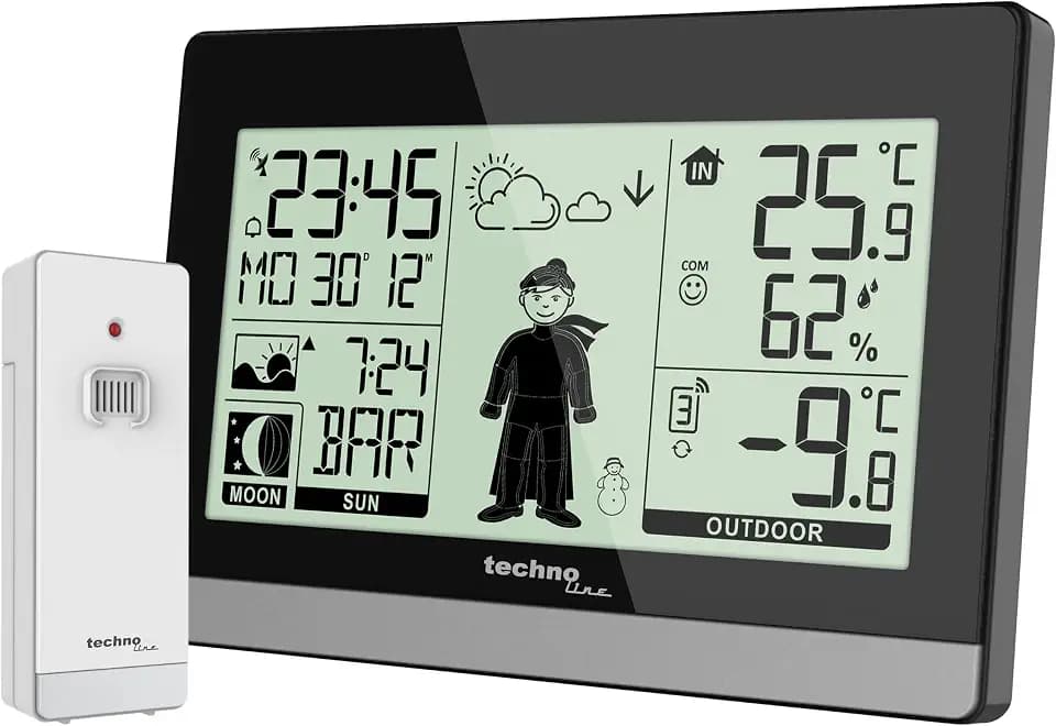 techno line WS 9612 Wetterstation Funk mit Außensensor | Funkuhr DCF | Innen Außentemperatur | Luftfeuchtigkeit | Wettervorhersage | Sonnenaufgang Sonnenuntergang | Mondphase | Schwarz