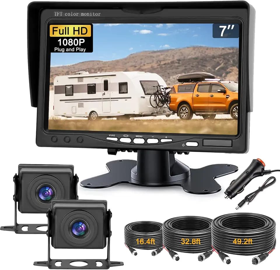Dual RV Backup Camera with 7 Inch Monitor, AHD 1080P, 2 Channel, DIY Guide Lines 150 Degree Wide View Angel Wired Reverse Rear View Camera for Truck Car Trailer Camper Tractor