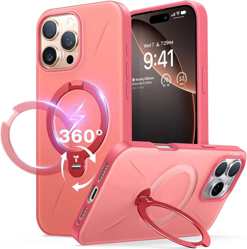 TORRAS 360° Spin Magnetic Stand for iPhone 16 Pro Max Case, Fit for MagSafe, Military Grade Protective Case for iPhone 16 Pro Max Phone Case Ostand with Kickstand Rotatable, Coral Pink Red, 6.9 inch