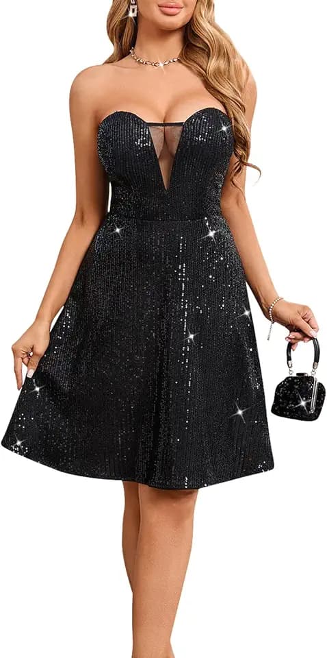 Cololura Women's Sequin Strapless Cocktail Mini Dress - Mesh Perspective Off Shoulder A-Line Short Party Night Evening Gown