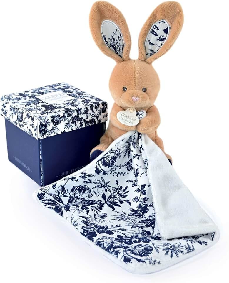 DOUDOU ET COMPAGNIE - Kuscheltier Hase Hase Marineblau mit Taschentuch – Kollektion Boh'aime – 12 cm – schöne Geschenkbox – Geschenkidee zur Geburt des Babys – DC4016