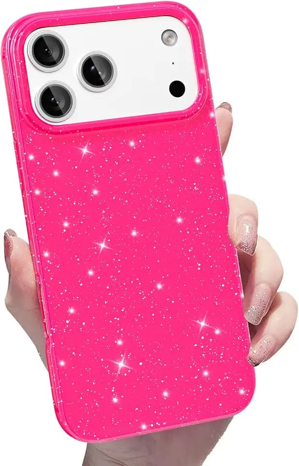 for iPhone 17 Pro Glossy Case,Cute Silicone Bright Glitter Bling Thin Slim Sparkly Case,Soft TPU Gel Jelly Rubber Protective Cover for Women Girl 6.3 inch -Neon Hot Pink