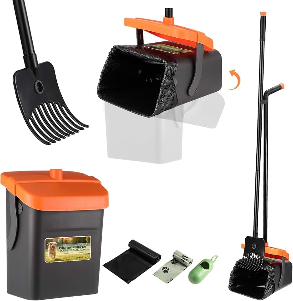Hundekotschaufel Schwenkbehälter Rechen Spaten, Drehbarem Hundekotsammler Hundekotpicker, Kotschaufel und Rechen-Set 46" Länge Griff Hundekotschaufel und Harke mit 35 Abfallbeuteln (Orange)