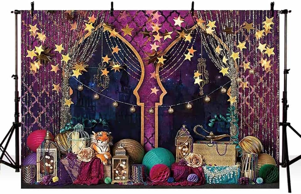 AIBIIN Fotohintergrund für indische arabische marokkanische Nächte, goldfarbener Stern, Glitzer, Palastdekoration, magischer Genie-Thema, Diwali-Party, Banner, Foto-Requisiten, 2,1 x 1,5 m