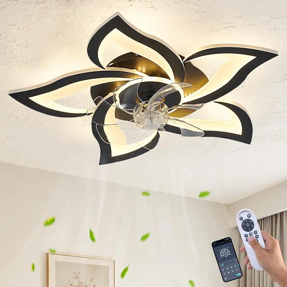 Black Flower Modern CeilingFans with Lights, Low Profile Ceiling Fan with Remote for Bedroom, Flush Mount Ceiling Fan with LED Dimmable Light,6-Speeds, Timing CeilingFan Light