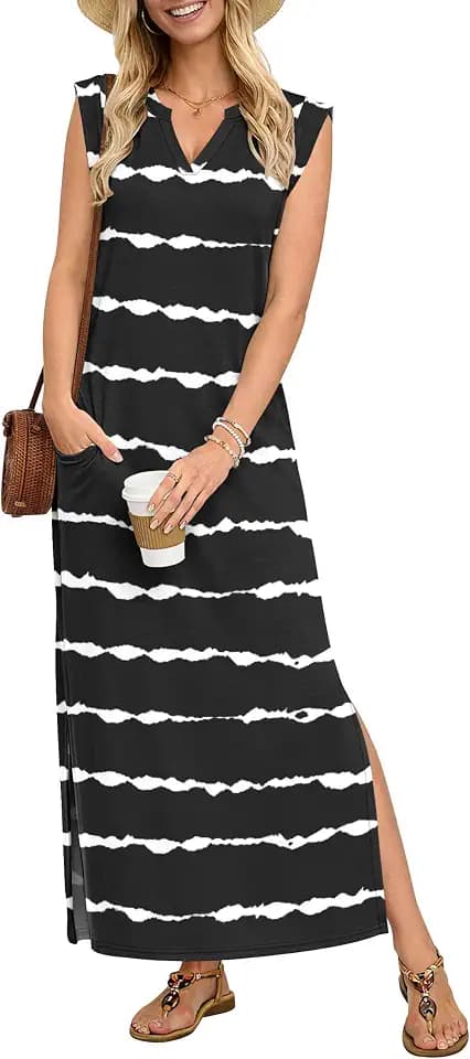 AUSELILY Women's V Neck Maxi Dresses, Straight-Cut Wrinkle-Free, Loose Split Sleeveless Vacation Dress with Pockets 2026