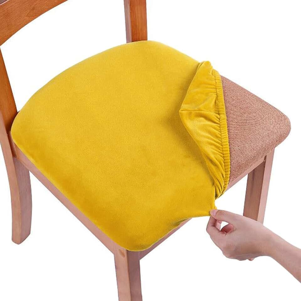 smiry Original Samtbezug für Esszimmerstuhl, Stretch-Spannung, gepolsterter Stuhl-Sitzkissenbezug, abnehmbar, waschbar, Möbelschoner mit Bändern modisch 4PCS senfgelb