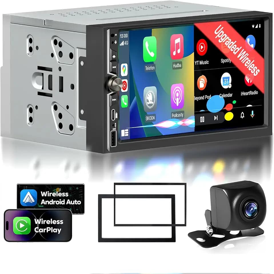 Double Din Car Stereo with Wireless Apple CarPlay Android Auto Audio Radio 7" Screen, FM/AM Radio, 4.2 Channel 240W 16-Band EQ DSP, Subwoofer, Bluetooth, Backup Camera, Fast Charging, SWC, MirrorLink