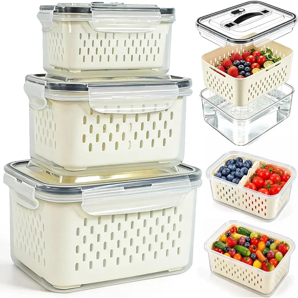 3 Stück Frischhaltedosen mit Abtropfgitter, Kühlschrank Obst und Gemüseaufbewahrung mit Tragegriff, Luftdichte Aufbewahrungsboxen mit Deckel und Belüftungsventil, Stapelfähig für Salat Obst Früchte