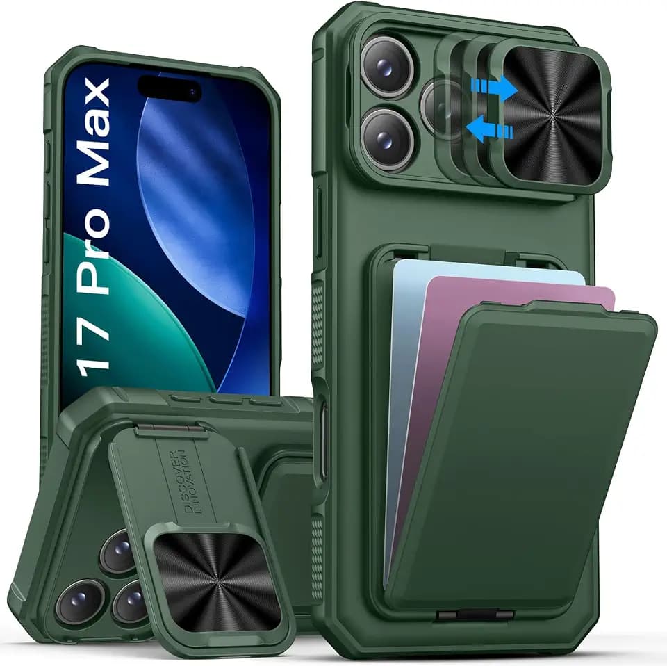 SSLOTSCASE for 17 Pro Max Case with Card Holder & Camera Cover Stand, Green