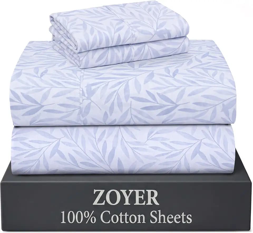 ZOYER 100% Cotton Percale King Sheets, Percale Weave, Blue Autumn