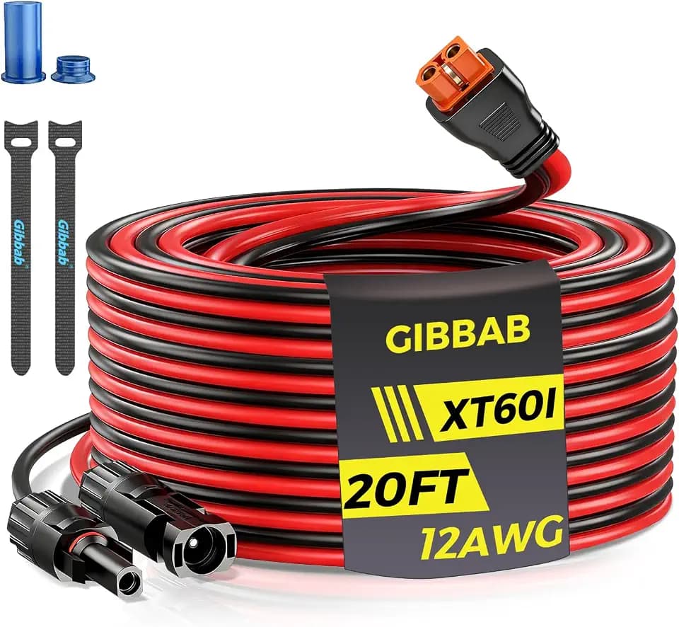 20FT 12AWG Solar to XT60i, Gibbab 3 6 10 16 20 25FT Solar Panel Connector to XT60i-F Adapter Extension Charging Cable with Caps & Wire Ties for LiFePO4 Battery RV Portable Power Station Generator
