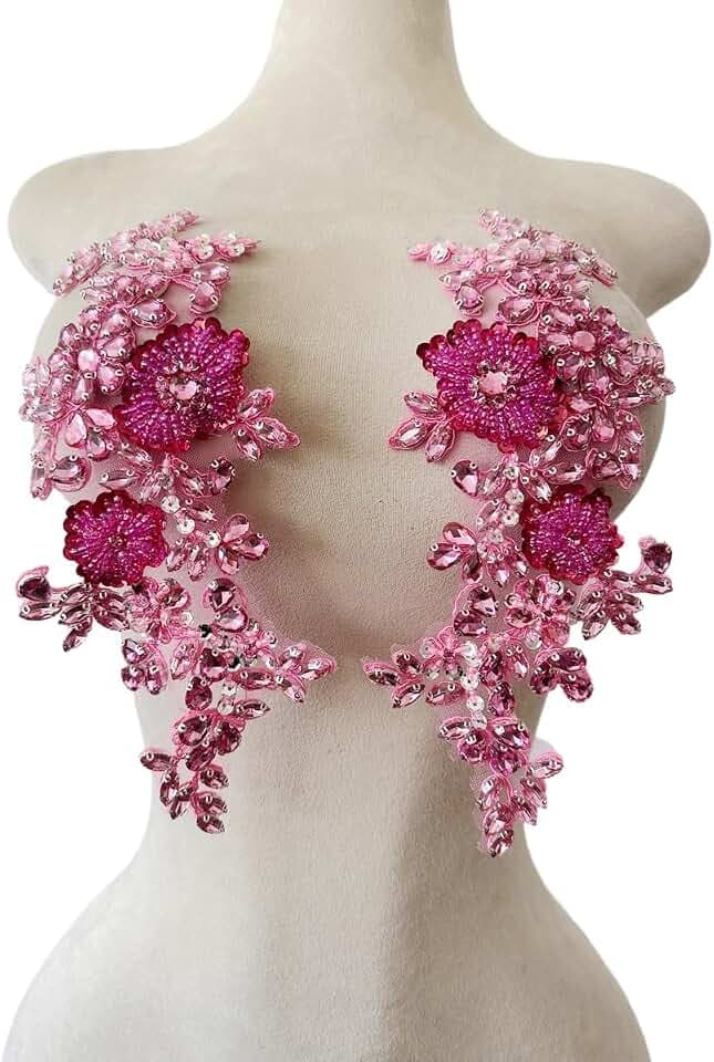 Handmade Shining Rhinestones lace Applique Patches Sewing Beads Sequins Stone Trim Accessories for Wedding Dress 1 Pair/Bag 11X4.3inches (Pink Rose red)