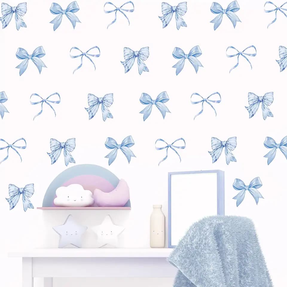 Whaline 12 Sheets Trendy Blue Bow Wall Stickers Watercolor Light Blue Bow Wall Decals Room Mural Stickers for Kids Bedroom Coquette Birthday Party Valentine's Day Home Nursery Decor, 7.9 x 11.8 Inch
