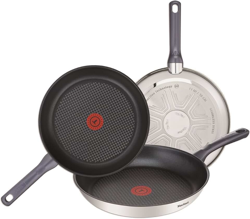 Tefal Daily Cook Pfannen-Set, 3 Stück: Bratpfannen aus Edelstahl, 20/24/26 cm, antihaftbeschichtet, Thermospot-Technologie, gleichmäßiges Kochen, alle Herdarten, schwarz