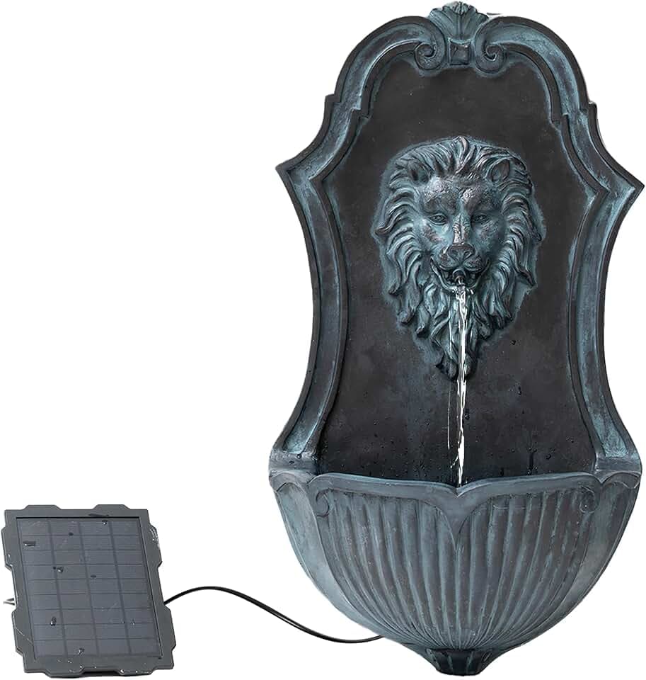 XBrand 29.9" H Solar Wall-Mounted Lion Head Fountain with Solar Panel, Gray Resin Outdoor Water Fountain for Patio, Garden, Yard and Porch Decor Accent