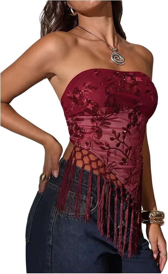 MakeMeChic Women's Sequin Tube Top Fringe Y2K Mesh Sheer Rave Outfits