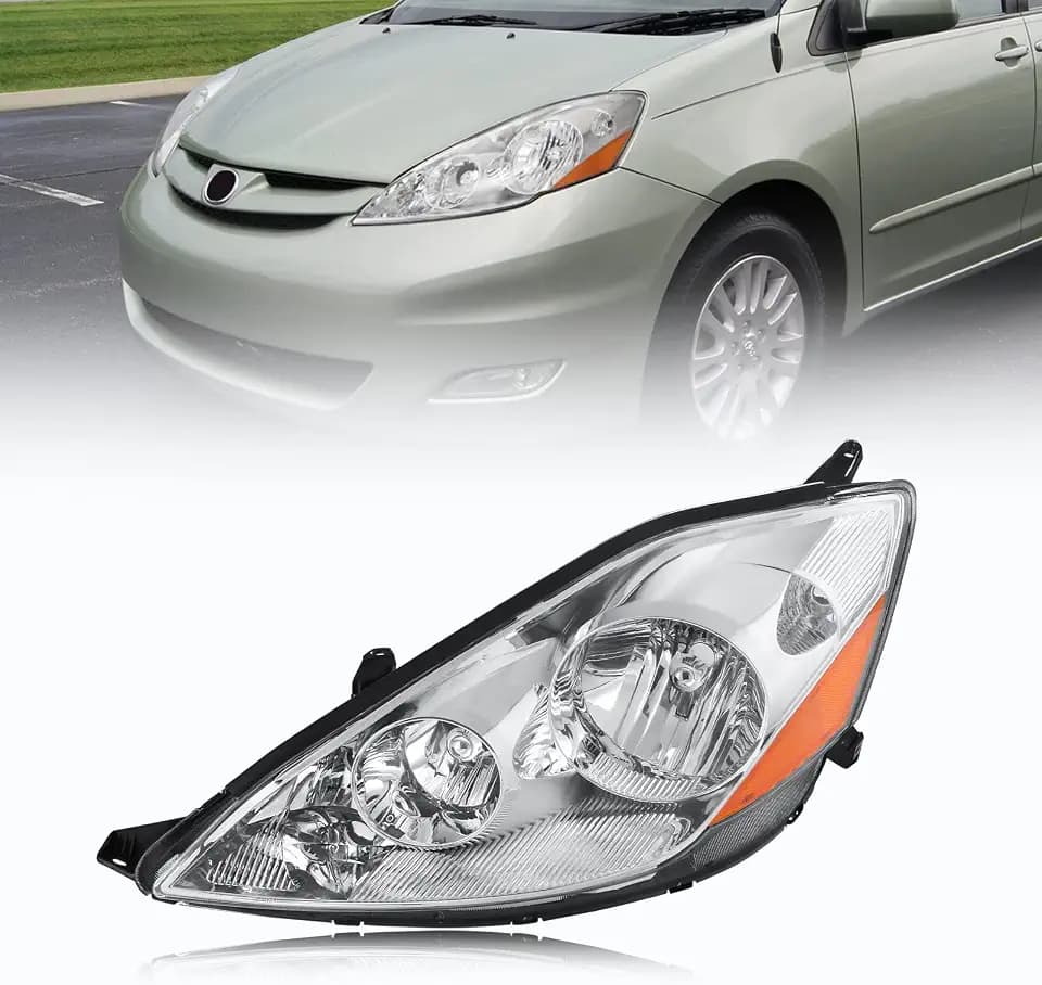 MOSTPLUS Headlight Assembly Compatible with 2006-2010 Toyota Sienna Driver Side Front Lamp with Chrome Housing/Clear Lens/Amer Reflector