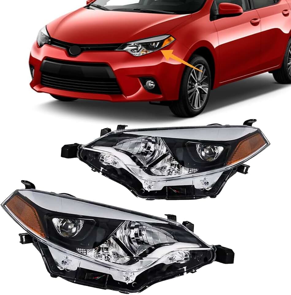 Front Bumper Headlights Fit for 2014-2016 Toyota Corolla C CE LE S L Headlamp Replacement Kit Chrome Housing Amber Reflectors LH + RH
