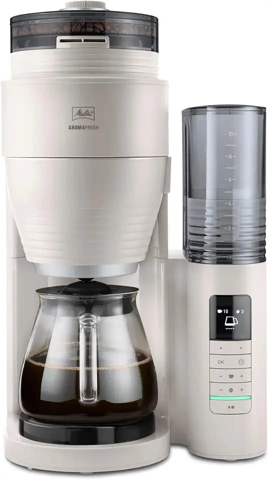 Melitta AromaFresh Pro X – Filterkaffeemaschine mit integriertem Mahlwerk, entnehmbarem Wassertank, Glaskanne und Timer-Funktion, für bis zu 10 Tassen Kaffee, Warm-grey