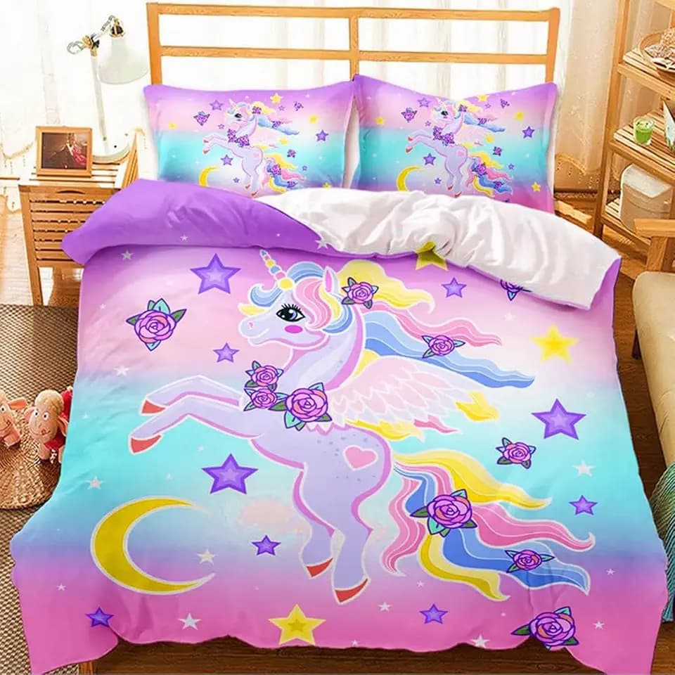 Einhorn Mädchen Rosa Bettwäsche Set 135x200 Süß Stern Mond Muster Bettbezug Einhorn Bettwäsche für Kinder, Jungen und Mädchen (Rosa, 200 x 200 cm)