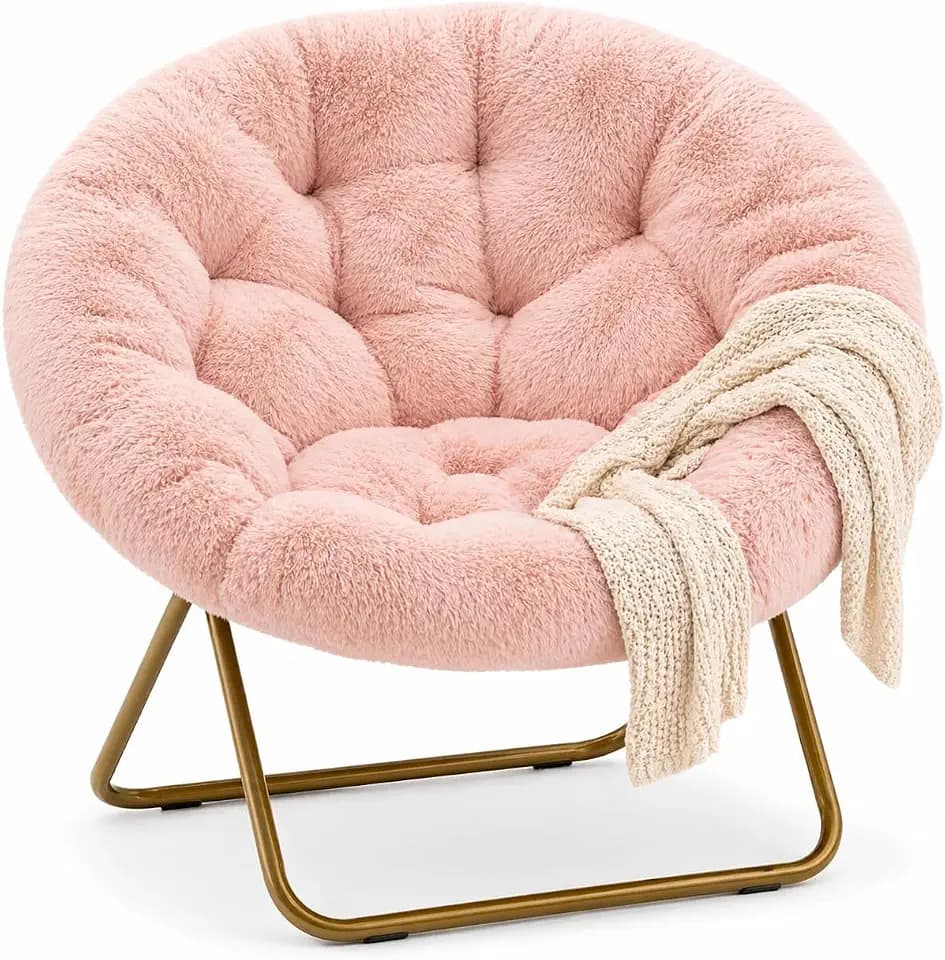Simple Deluxe Comfy Chairs for Bedroom, Faux Fur Saucer Chair for Adults, Oversized Comfy Soft Saucer Chair, Padded Lazy Chair for Living Room Dorm Rooms, Pink