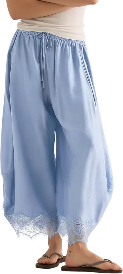 PUWEI Women's Cropped Lace Hem Pants High Waist Drawstring Wide Leg Pants