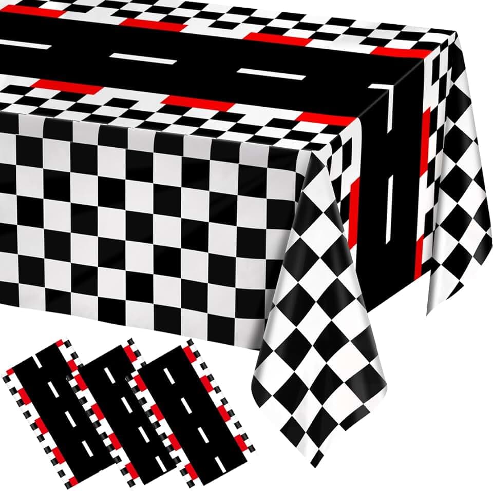 WNINK 3 PCS Racing Car Theme Tablecloths Car Disposable Plastic Tablecloths Black Checkered Flag Table Covers Racetrack Rectangular Tablecloth for Race Car Birthday Party Decorations, 54 x 108 Inch